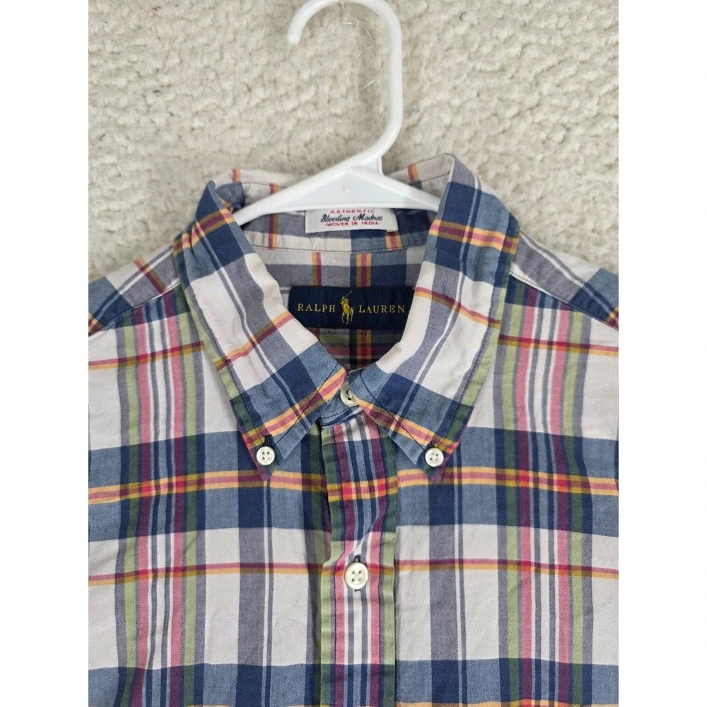 Ralph Lauren Bleeding Madras Shirt Mens M Blue White Plaid Button Down SS
